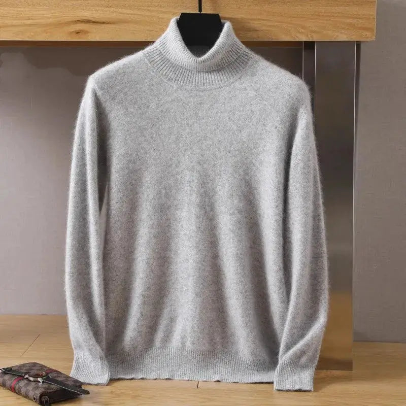 Men's mink velvet cashmere sweater in gray with a fuzzy knit, high collar, long sleeves, ribbed cuffs and hem