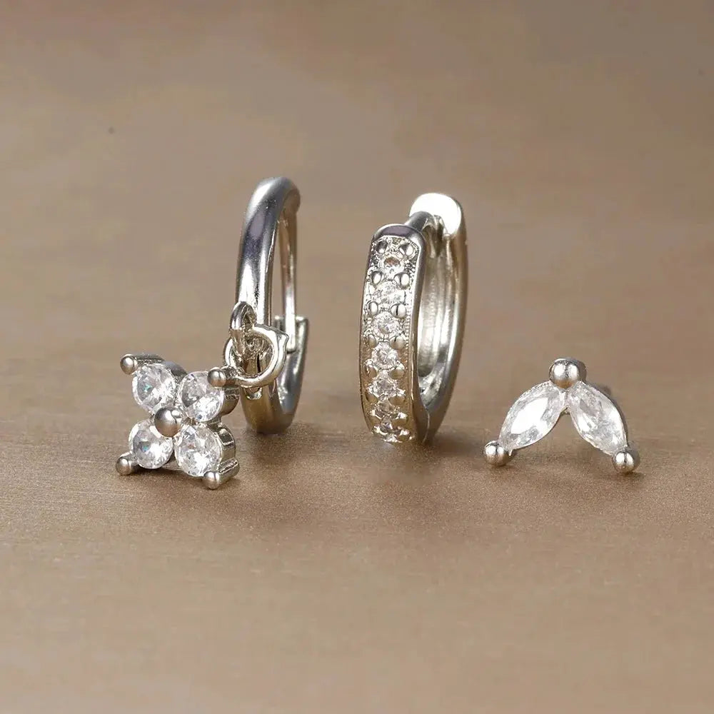 3Pcs Trendy Stainless Steel Flower Drop Earrings Set For Women Crystal Zirconia Dangle Hypoallergenic Piercing Jewelry