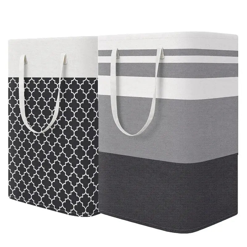 Simples Market two-pack waterproof fabric laundry baskets with handles, geometric pattern and striped, large capacity.