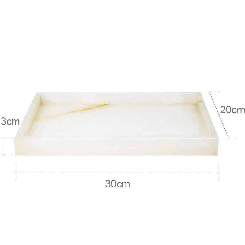 White onyx marble bathroom vanity tray, 30 cm long with subtle yellow veining