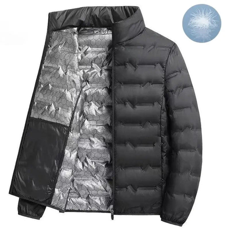 Men's black duck-down puffer jacket with hood; windproof, waterproof, ultralight insulation