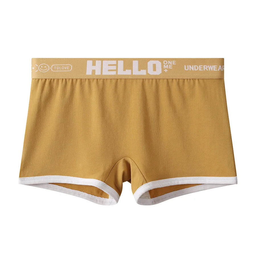 Women's cotton boyshorts in mustard yellow with white trim waistband