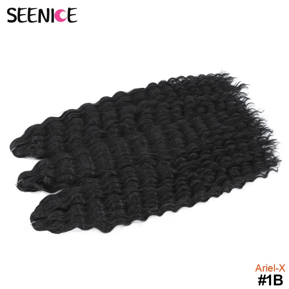 Ariel-X crochet hair extensions, 3 bundles of deep-wave style, black #1B; SEENICE logo visible