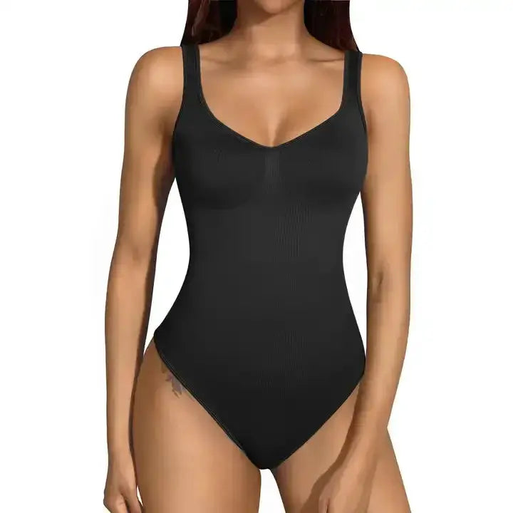 Bodysuit by Simples Market, black seamless backless one-piece with V-neck