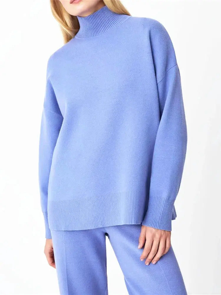 CozyNest Autumn Winter Two Piece Knitted Tracksuit Set With Turtleneck Sweater And Wide Leg Joggers For Women