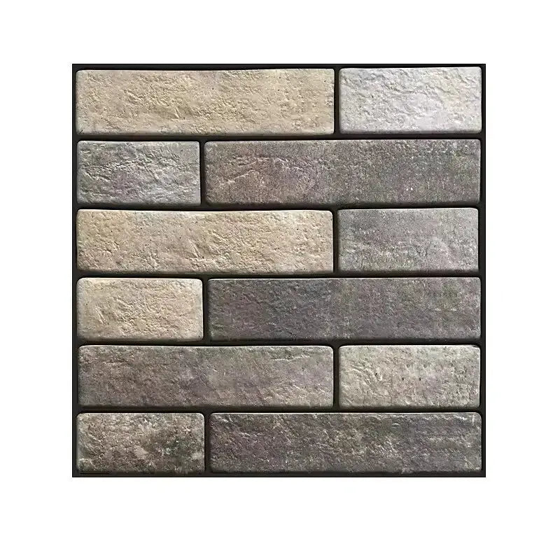 Self-adhesive brick-pattern wall tile sticker in beige-gray tones; 3D PVC waterproof decor panel
