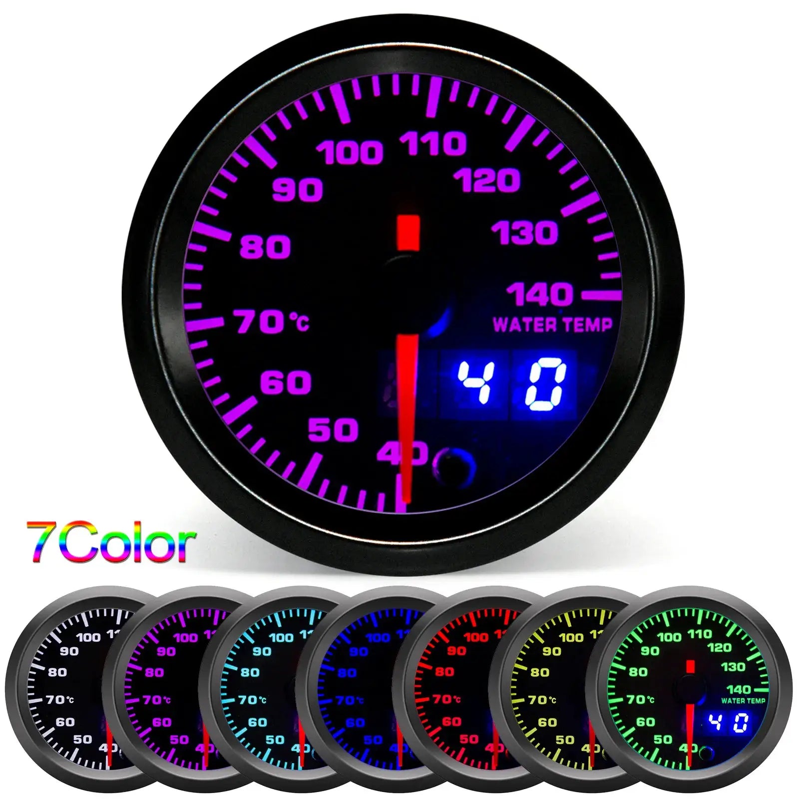 Simples Market 2-inch LED dual-display gauge cluster with 7-color LED options and water temperature readout