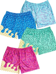 Ice Cream Print Baseball Shorts set of 4, loose fit, blue teal magenta and light blue with cone and sprinkles.
