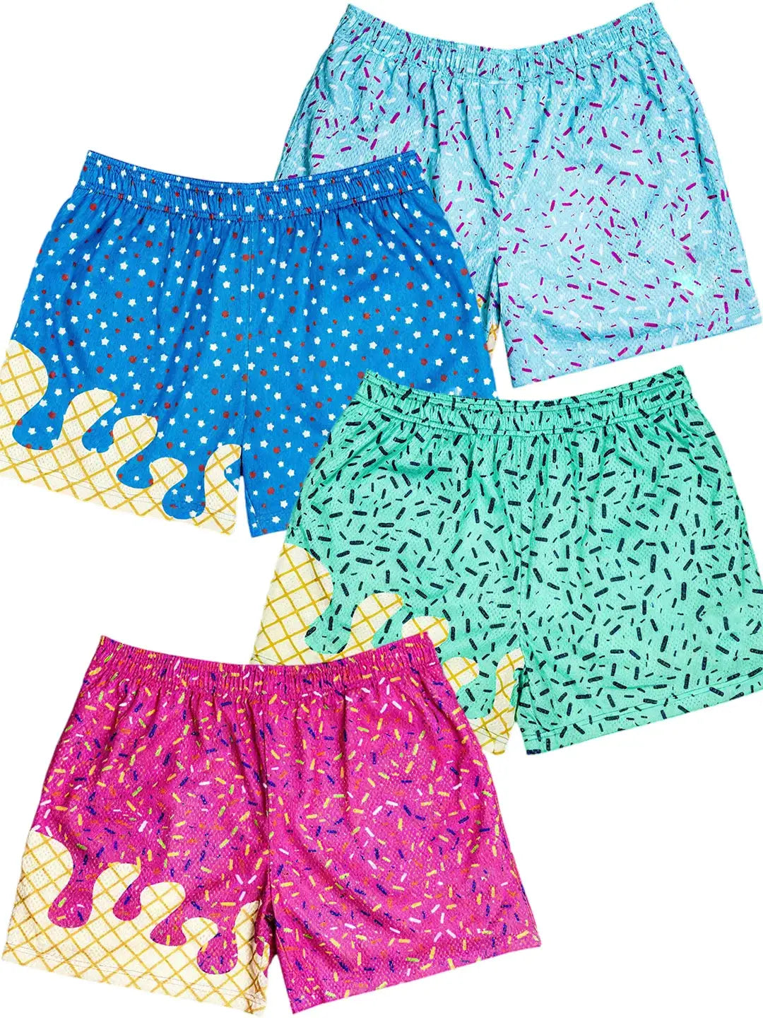 Ice Cream Print Baseball Shorts set of 4, loose fit, blue teal magenta and light blue with cone and sprinkles.