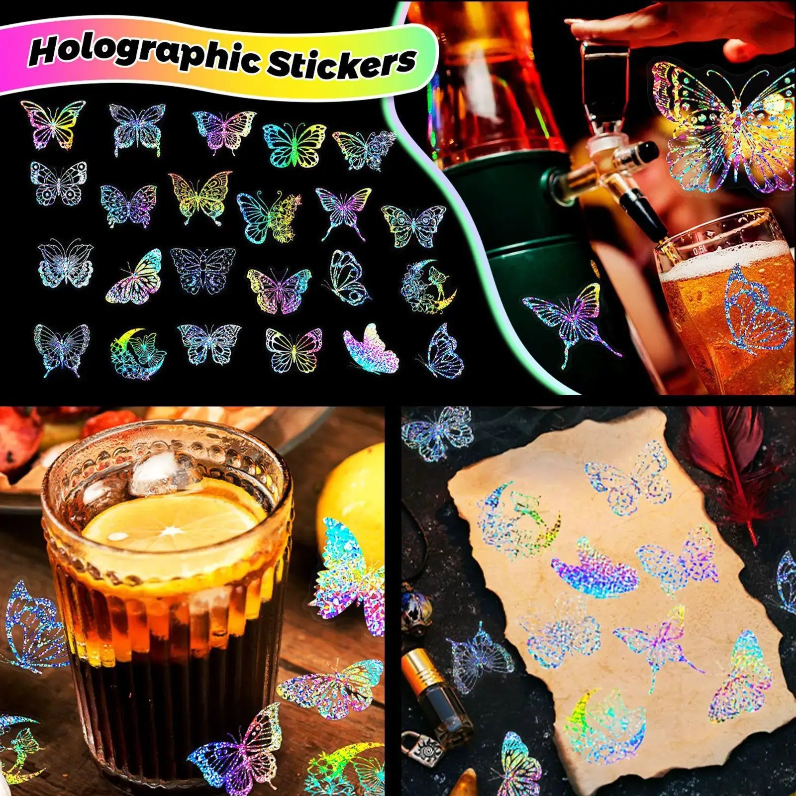 100 Pack Transparent Butterfly Laser Stickers Holographic PET For Laptop Water Bottles And Helmet Creative Retro Design