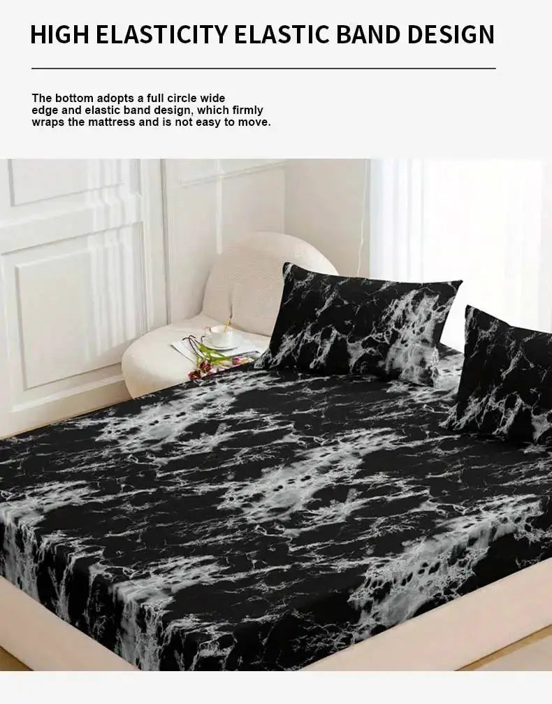 3-Piece marble print fitted sheet set in black microfiber, breathable and wrinkle-resistant