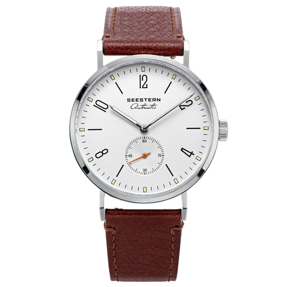 Seestern men's automatic wristwatch with white dial and brown leather strap, classic business design