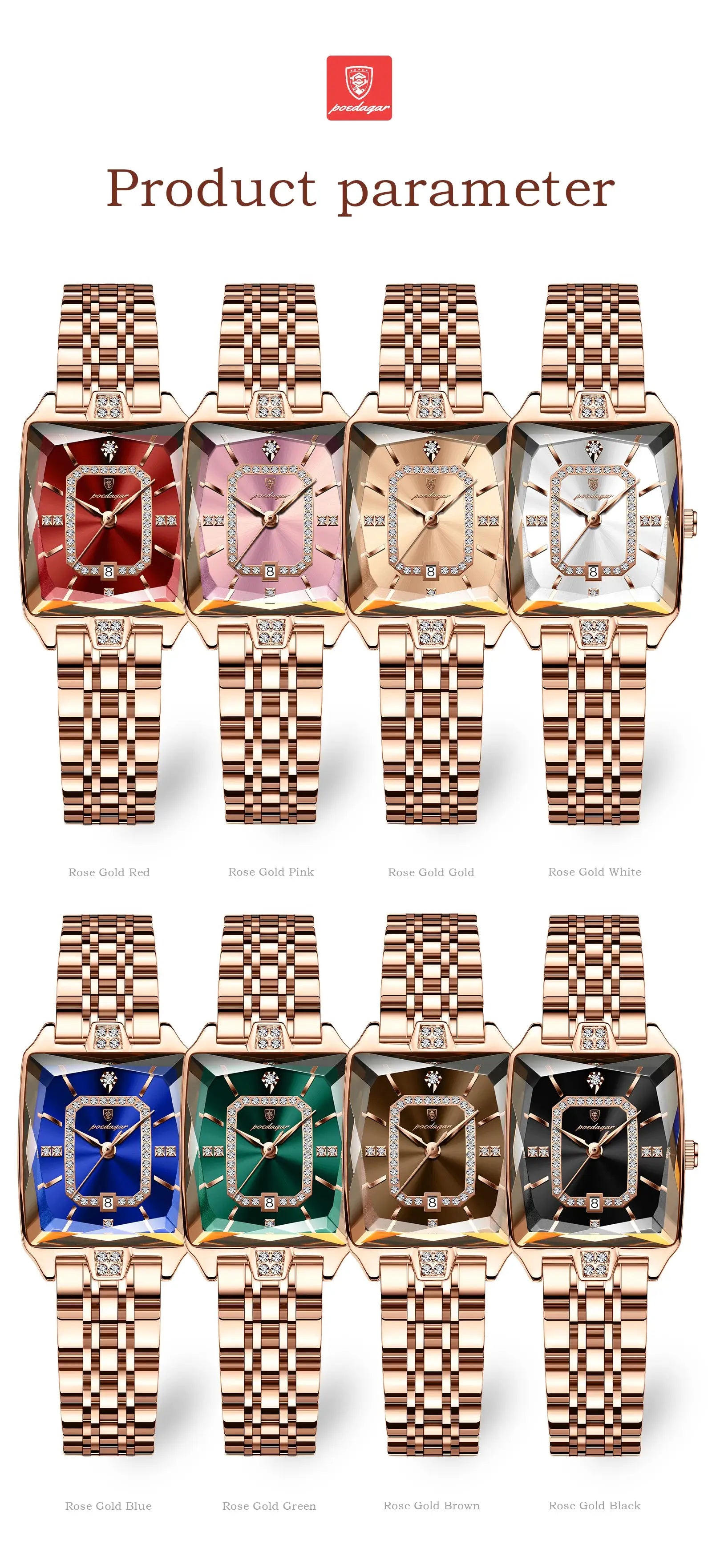 POEDAGAR luxury women's watch set: 12 rose-gold stainless steel quartz timepieces with crystal accents.