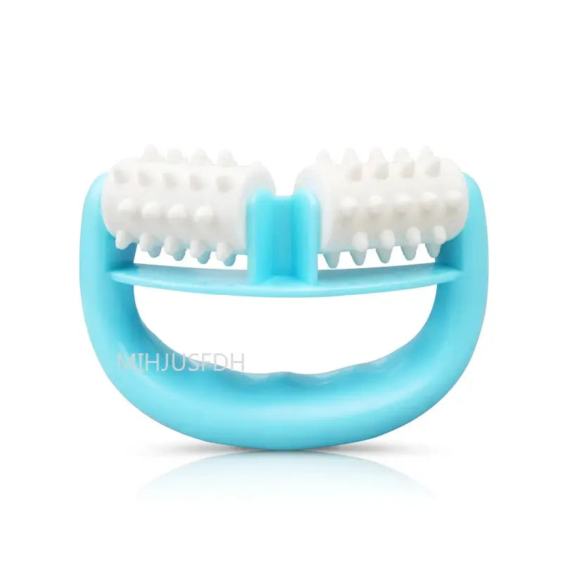 Simples Market handheld anti-cellulite massager roller with blue handle and white textured rollers.