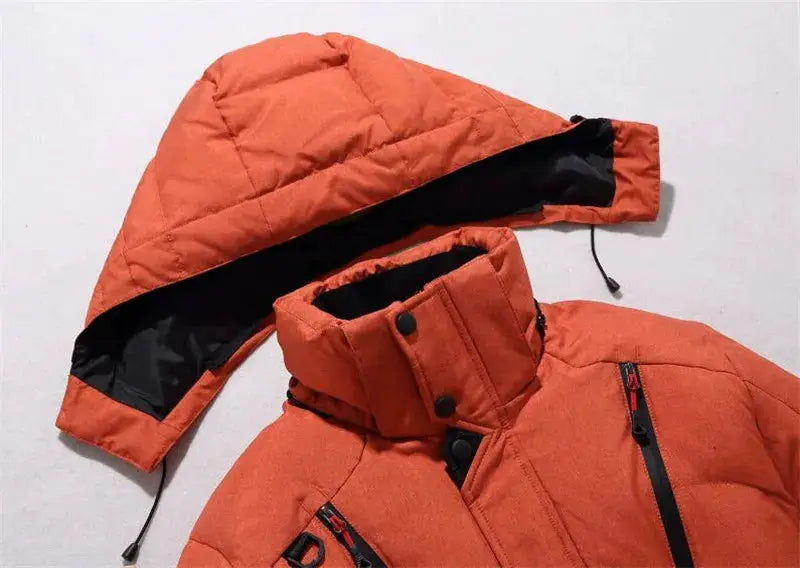 Men's orange hooded down jacket, quilted puffer with black lining and zip pockets