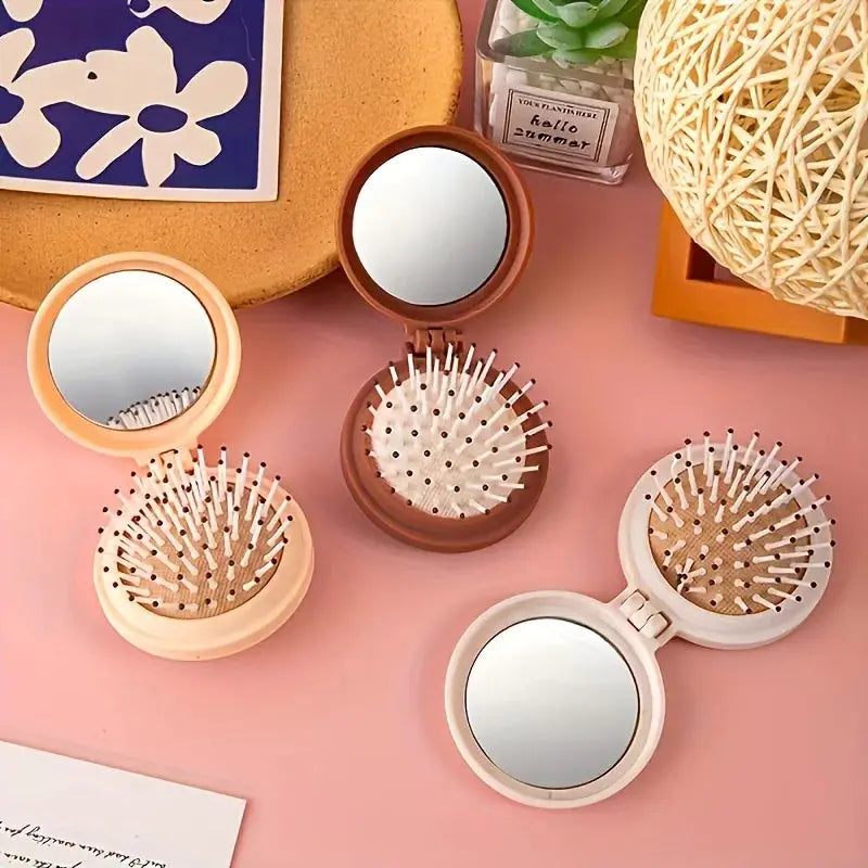 Mini Portable Folding Travel Hair Brush With Mirror For Women Lightweight Plastic Dual Fold Design For Outdoor Use
