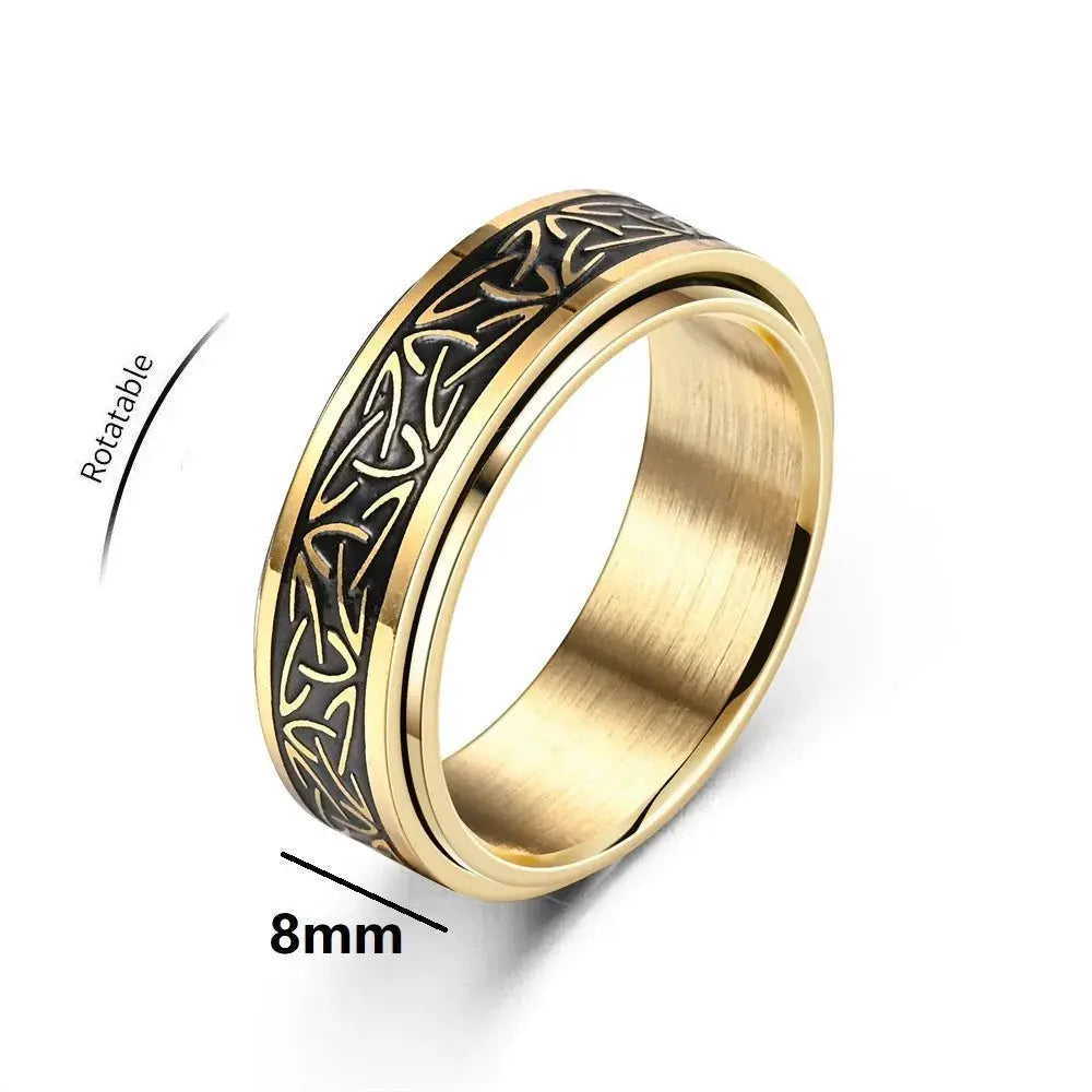 Viking Celtic Knot Rune Ring for Men, rotating gold-tone ring with black knot pattern, 8mm wide
