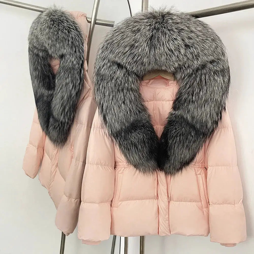 Womens Real Fox Fur Collar Duck Down Coat With Raccoon Fur Trim Hooded Puffer Jacket