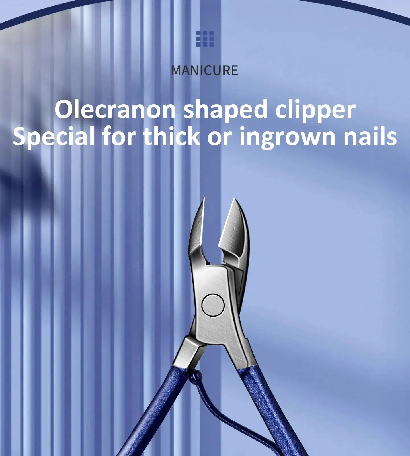 Nail clipper with stainless steel blades and blue handles, close-up on a blue background