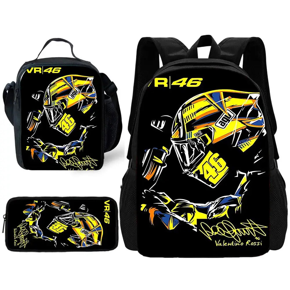 VR46 kids backpack set with yellow-black motorcycle art; includes lunch bag and pencil case by Simples Market