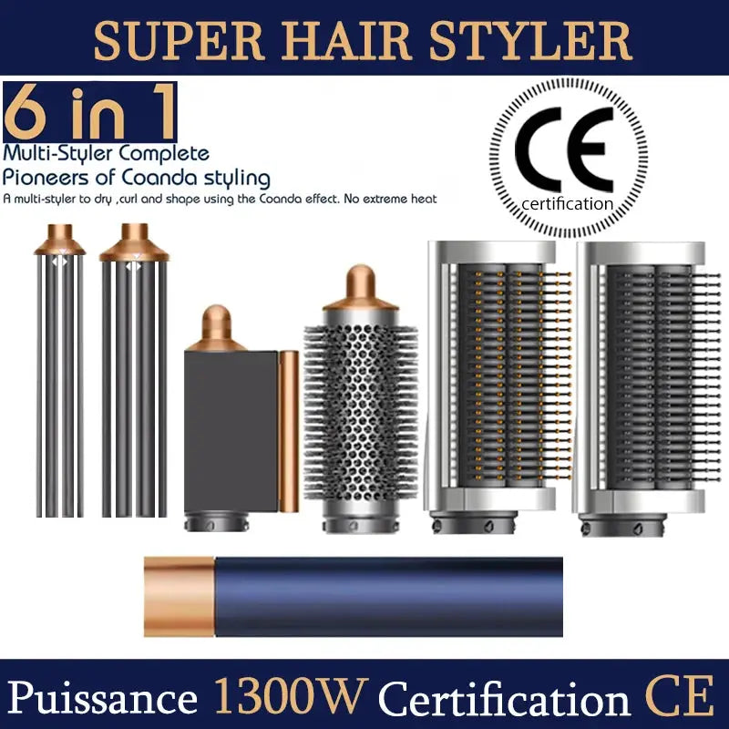 SenCiciMen X9 6-in-1 hair styler with curling iron, hot air brush and dryer attachments; blue handle with copper accents.
