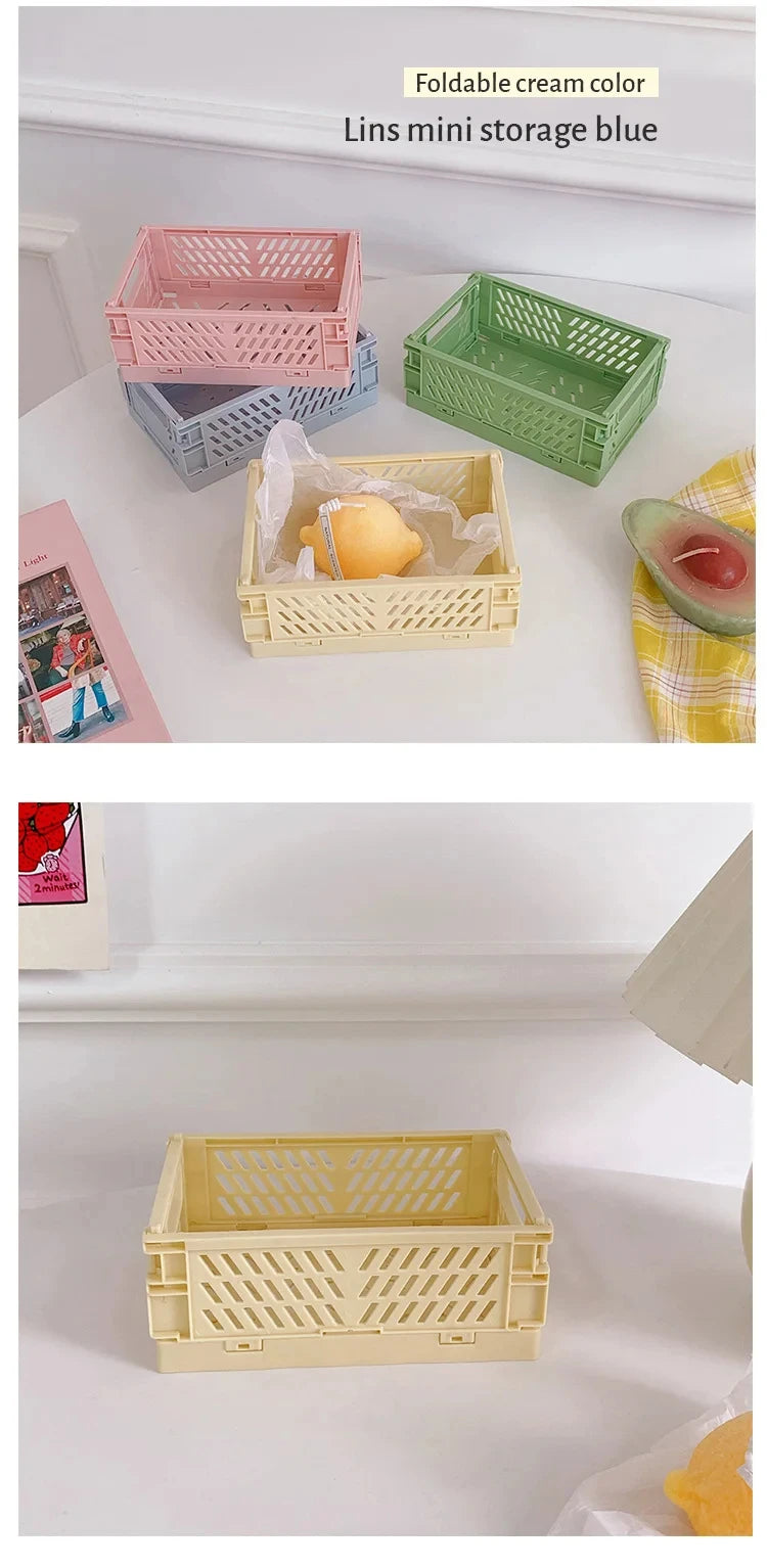 Simples Market foldable plastic storage baskets for desktop organization in pastel colors cream pink blue green yellow