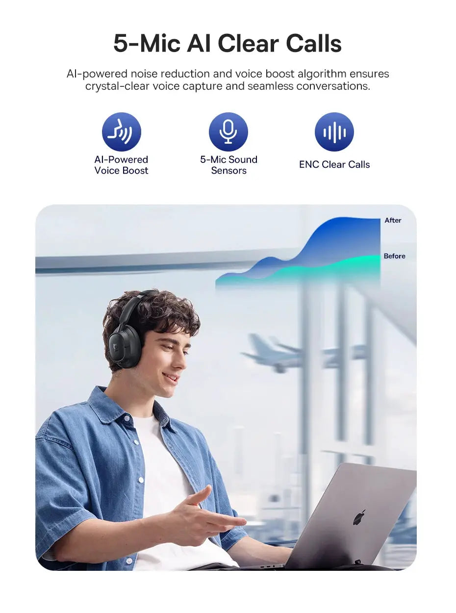 Baseus Bass EH10 NC wireless over-ear headphones in black with AI call features.