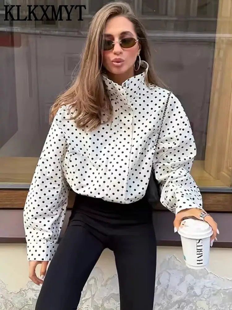 PolkaChic Polka Dot Print Short Coat For Women Elegant Office Ready Long Sleeve Jacket Regular Fit Polyester
