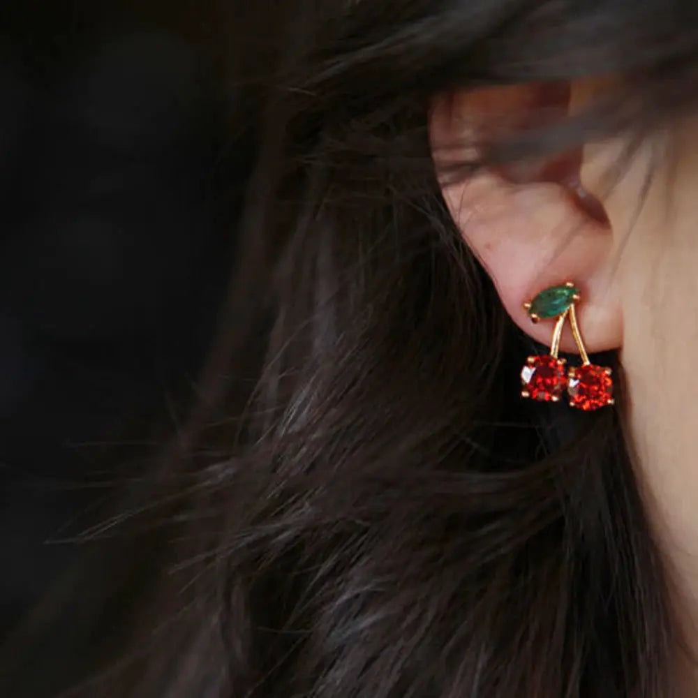 2024 Red Zircon Cherry Leaf Stud Earrings For Women Fashion Jewelry Crystal Accent Party Prom Birthday Wedding Gift