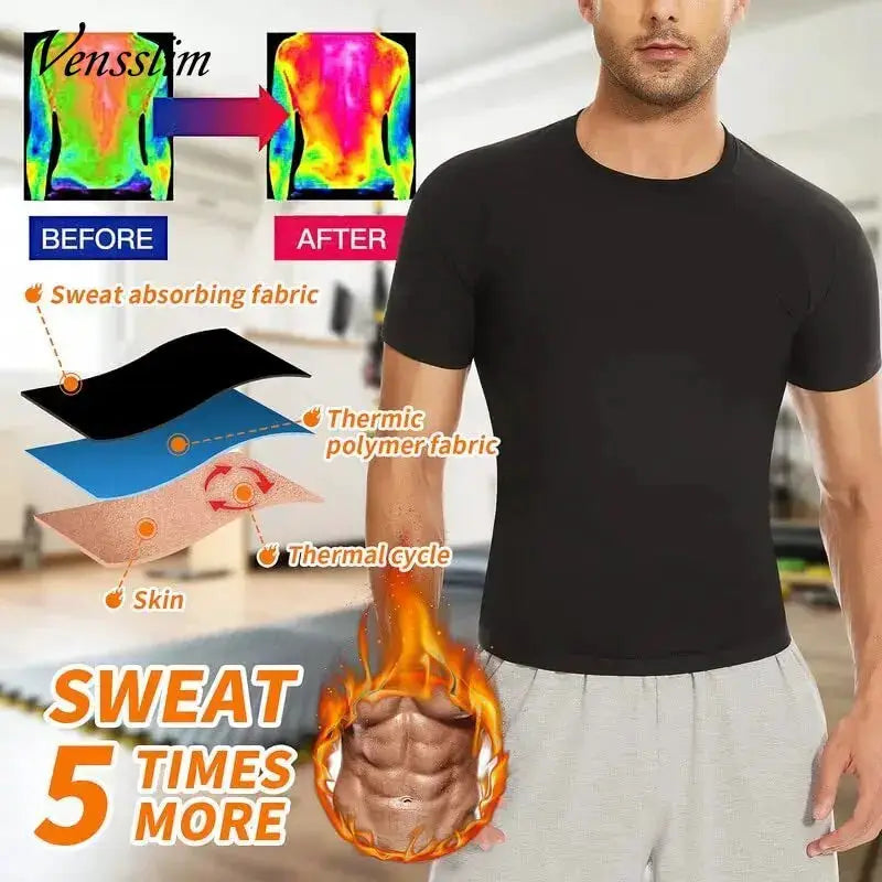 Vensslim men’s black sauna vest by Simples Market; heat-map before/after graphic and sweating visuals.