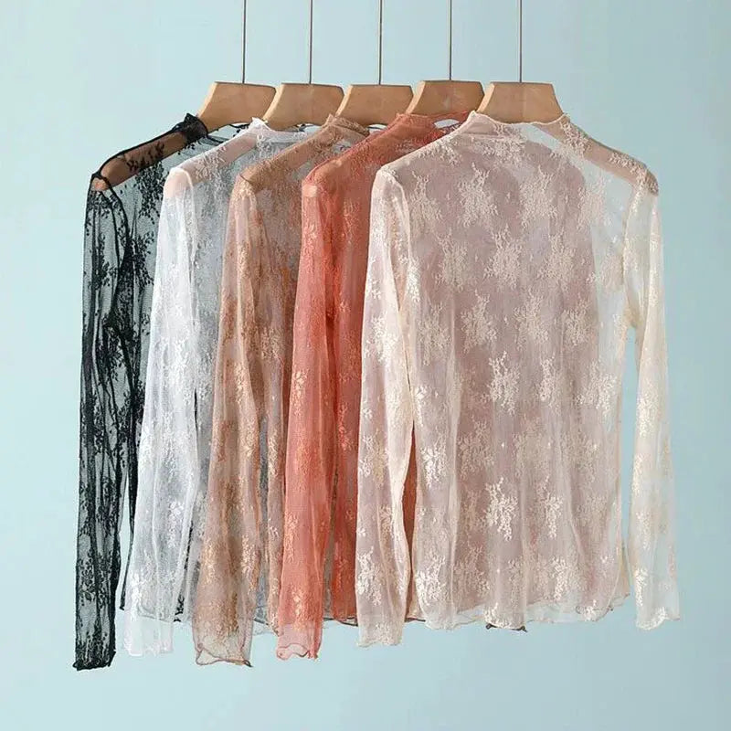 LaceLuxe Women Floral Lace Shirt Mock Neck With Mesh Bottoming Layer For Spring And Autumn Flattering Sheer Look