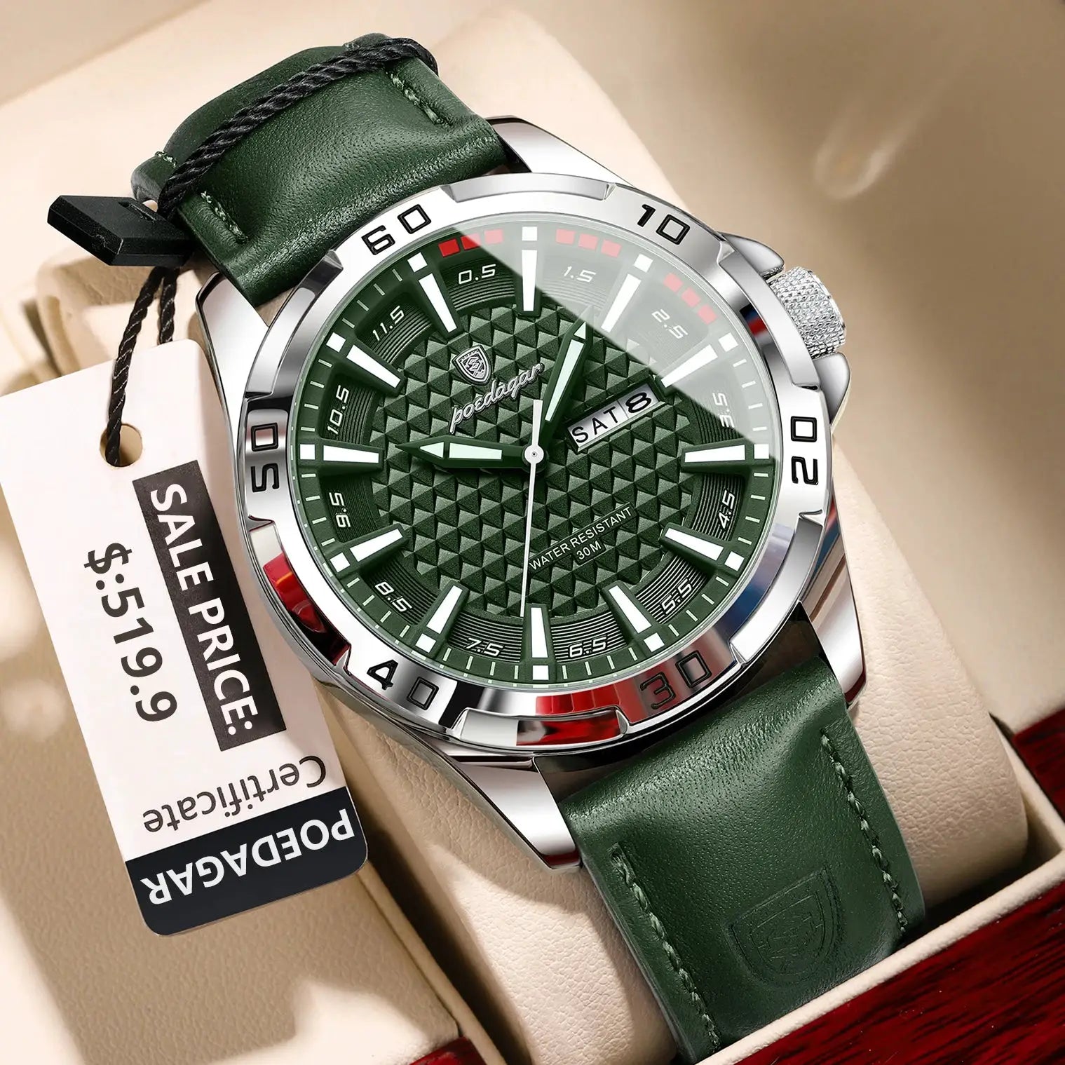 POEDAGAR green-dial men's wristwatch with stainless steel case, green leather strap, day/date window
