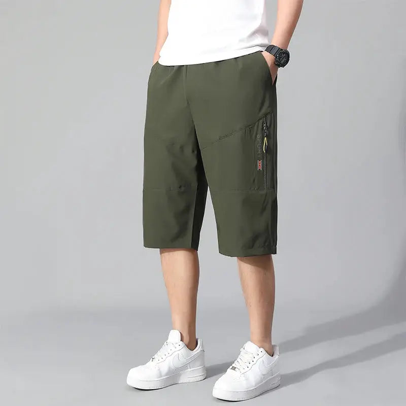 Mens cargo shorts knee-length, olive green with side zip pocket and elastic waist