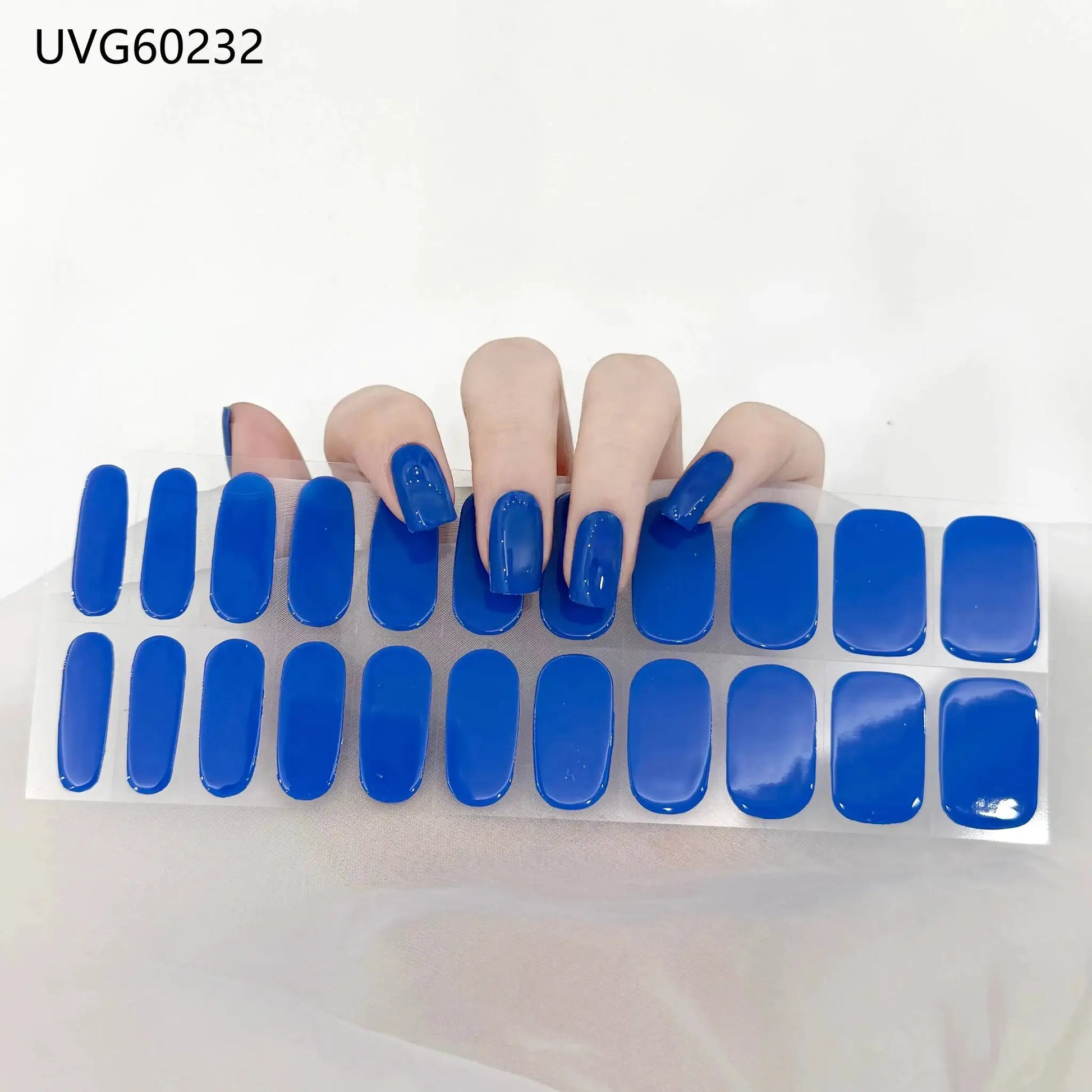 Simples Market blue gel nail wraps set, 16/20/22 tips, full cover, displayed on blue swatch sheet