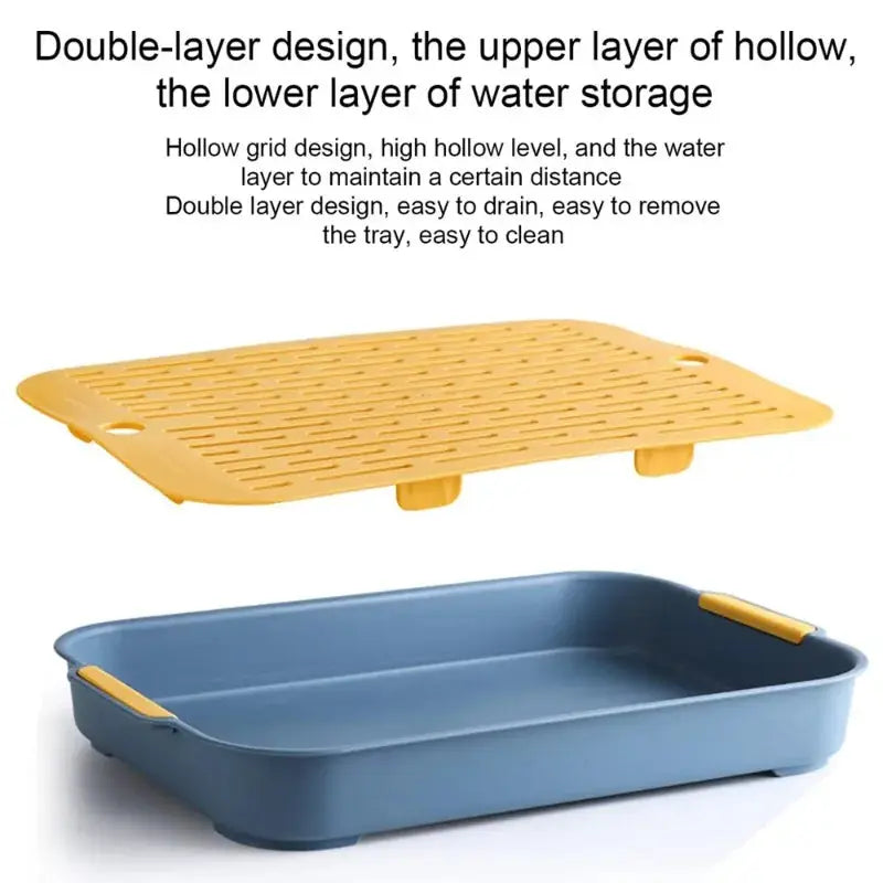 Rabbit litter box set (2 pieces): blue base tray with yellow handles and a yellow grid top