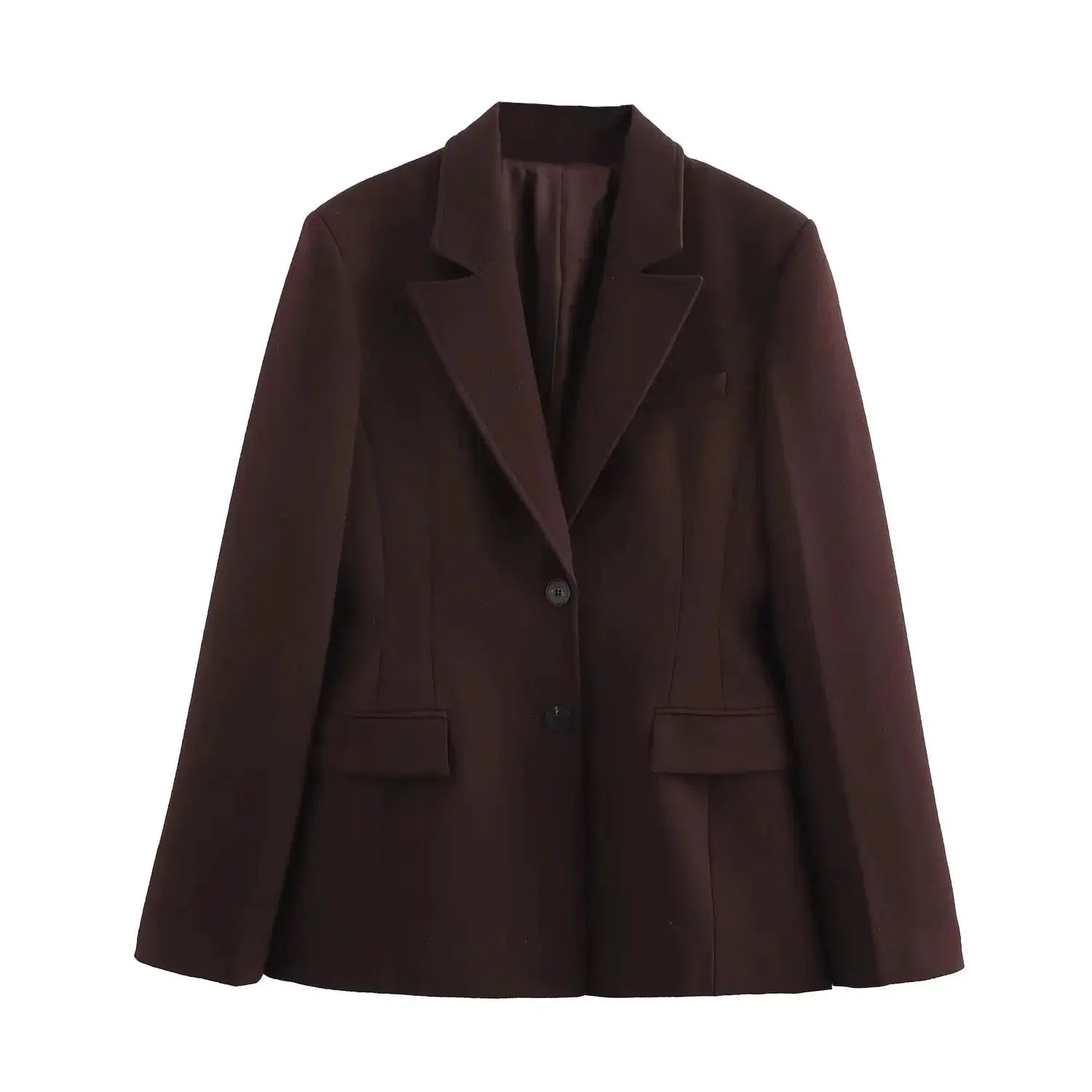 Brown tailored blazer with notch lapels, two-button front and flap pockets.