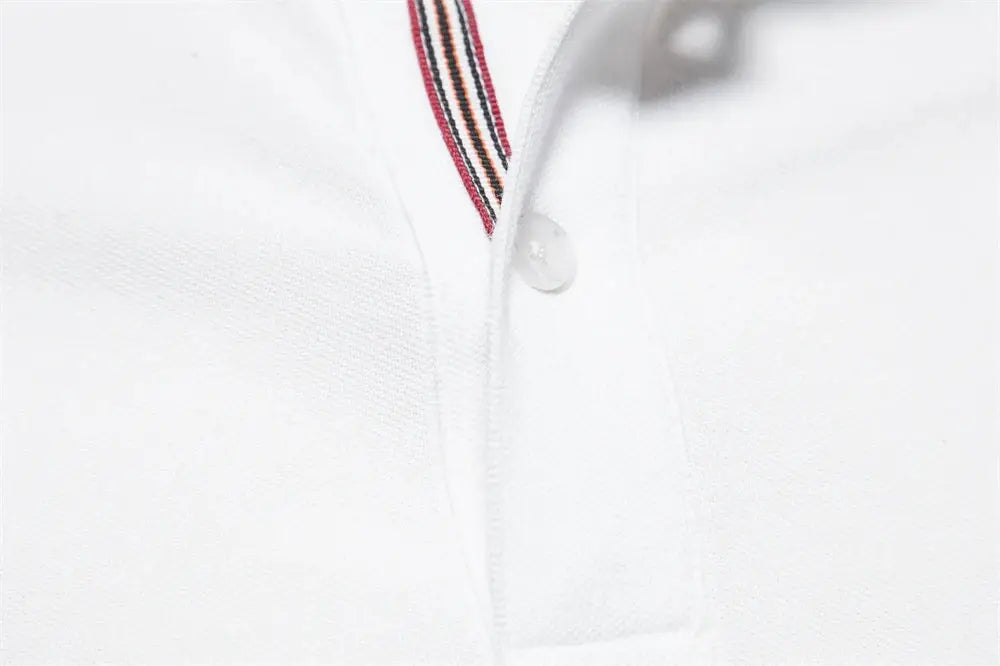 Men's polo shirt white cotton with striped collar trim and button placket