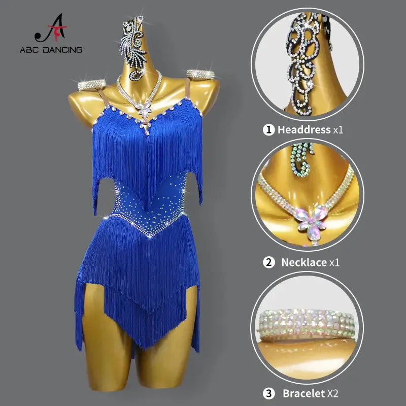 LumaDance Latin Performance Dance Dress For Women Flexible Nylon Elastane Knit With Fringe Skirt Blue