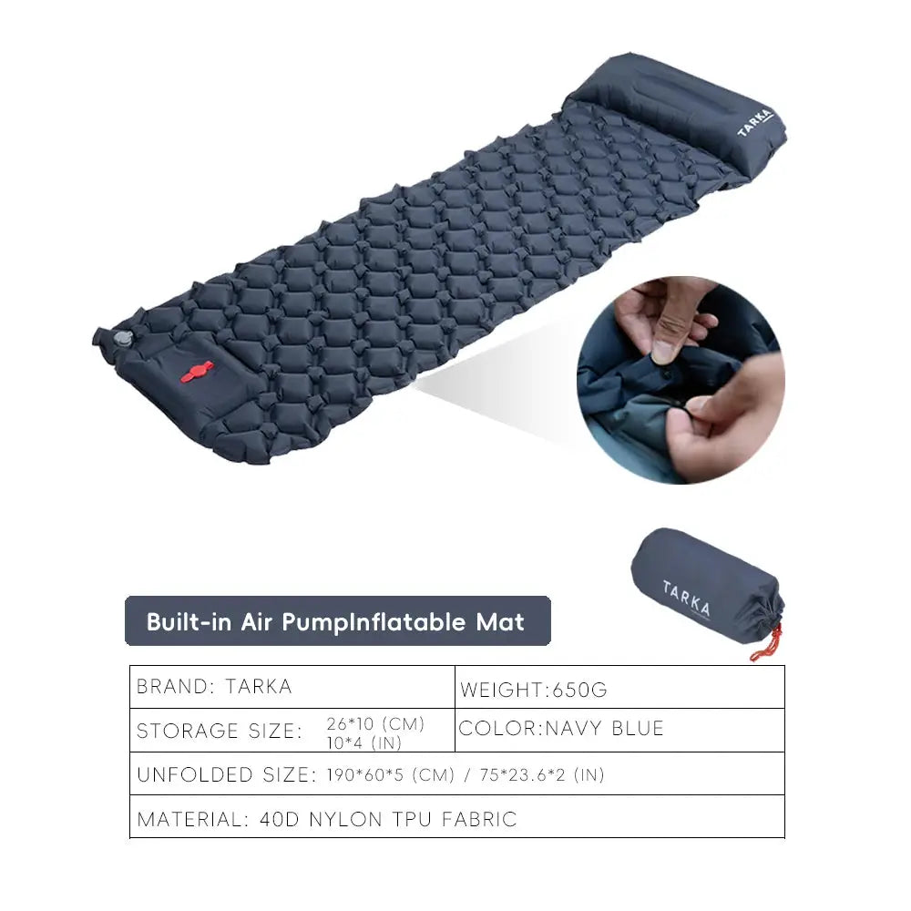 TARKA navy blue inflatable camping mat with built-in pump and pillow; self-inflating sleeping pad with carry bag.