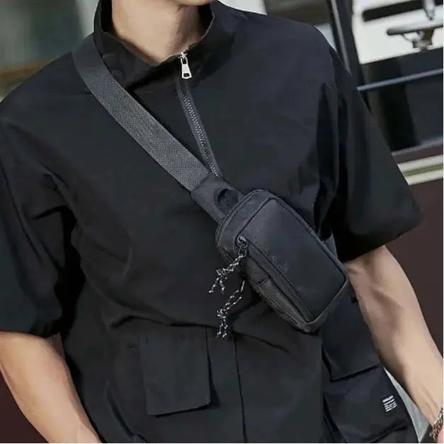Men's black Oxford crossbody bag, compact mini shoulder purse with gray strap