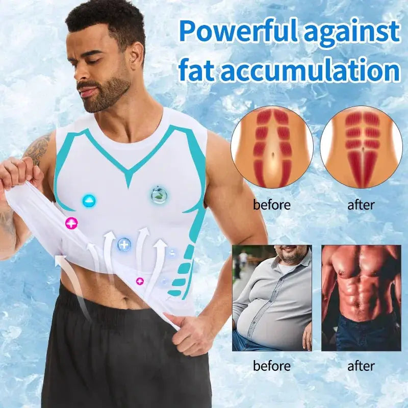 Men's shapewear tank top, white sleeveless compression vest with teal trim