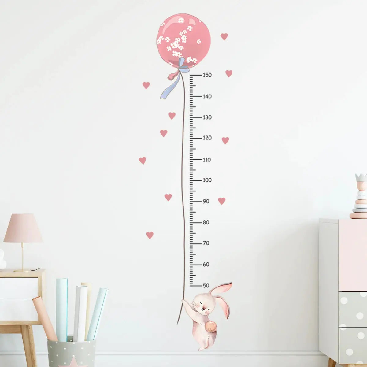 3-piece cartoon animal height ruler wall sticker set in pink featuring a bunny with a balloon, waterproof PVC
