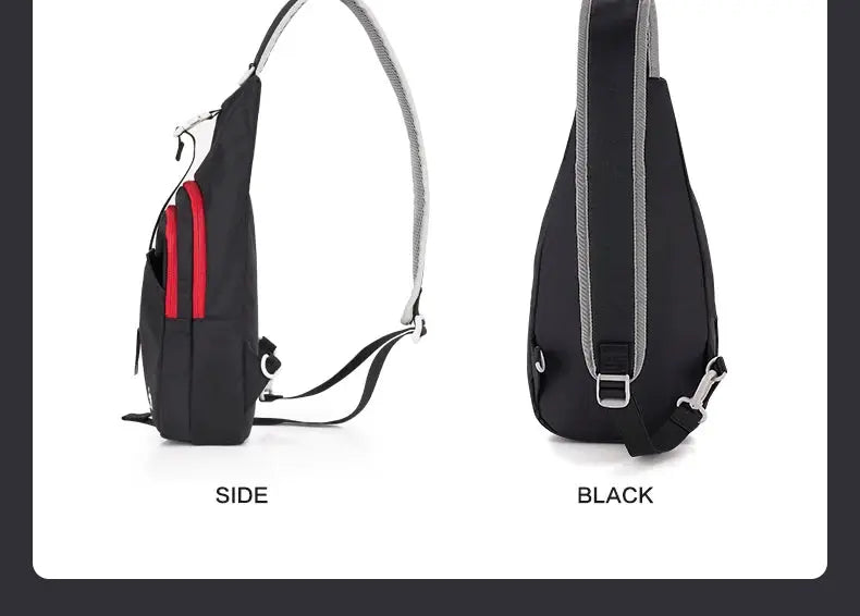 OIWAS crossbody chest bag sling, black with red zipper accent, single strap, lightweight travel pouch