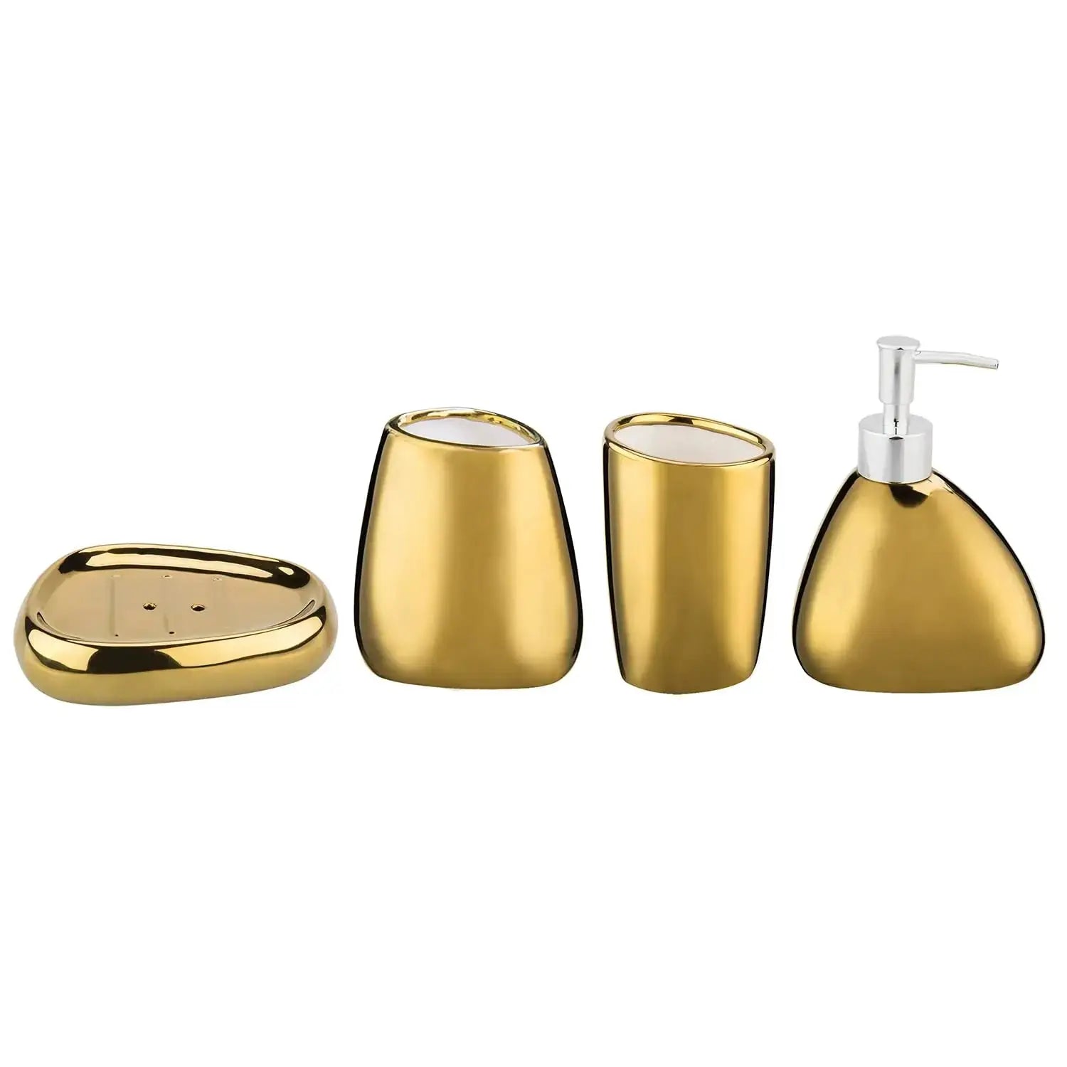 Gold bathroom accessory 4-piece set including soap dish, toothbrush holder, mouthwash cup, and pump dispenser