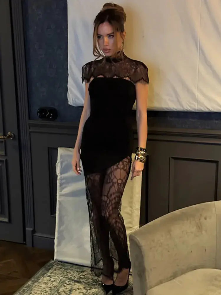 Blifanbo Lace Patchwork Shawl Dress Strapless See Through Split Skirt Evening Gown For Club Parties