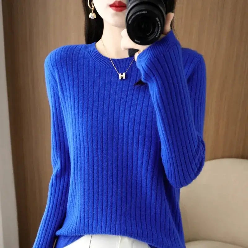 Aurora Knitwear Warm O Neck Stripe Loose Fit Sweater For Autumn Winter Layering Cozy Knit