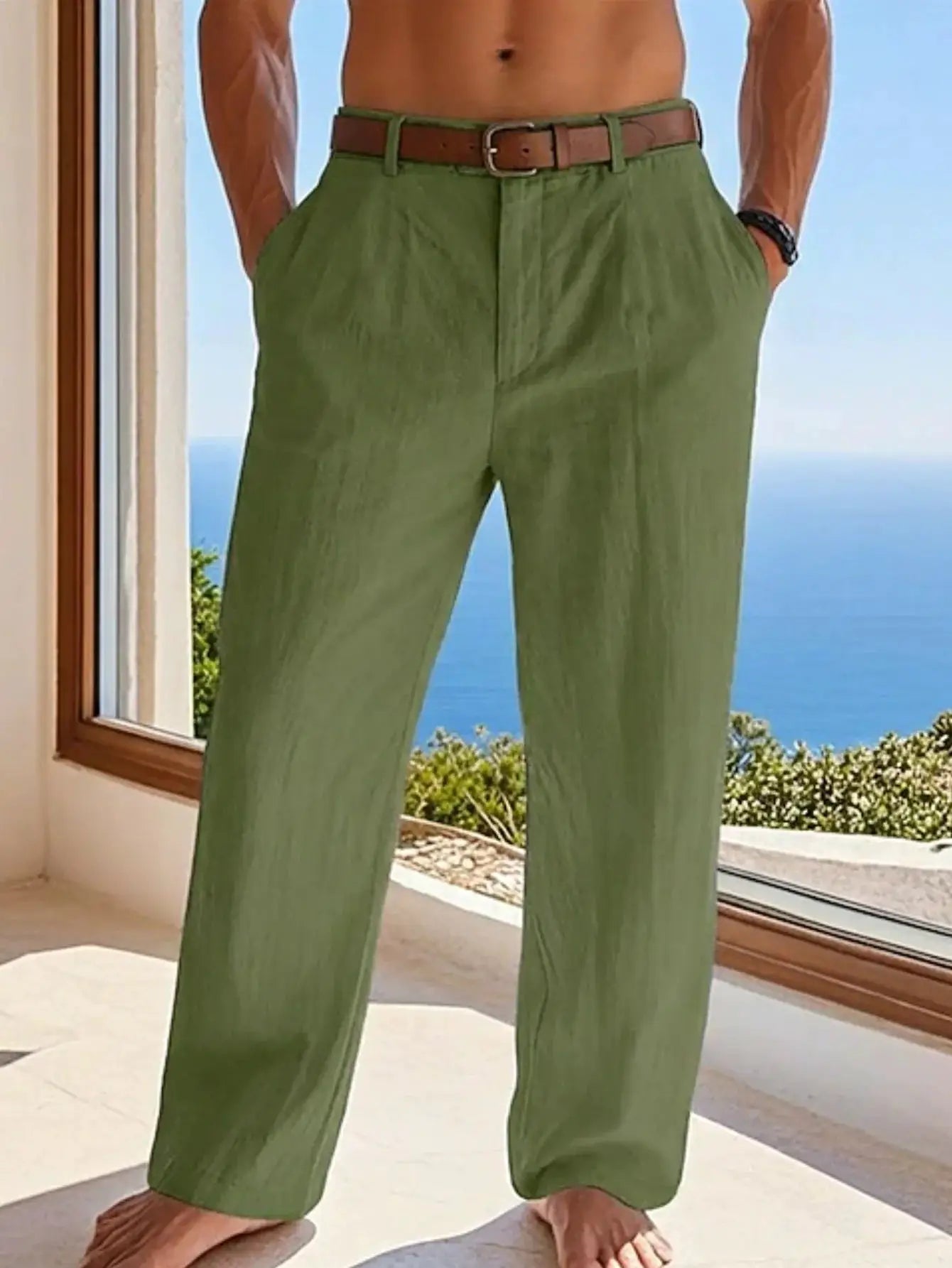Men's cotton-linen loose olive-green pants with brown belt, casual long trousers.