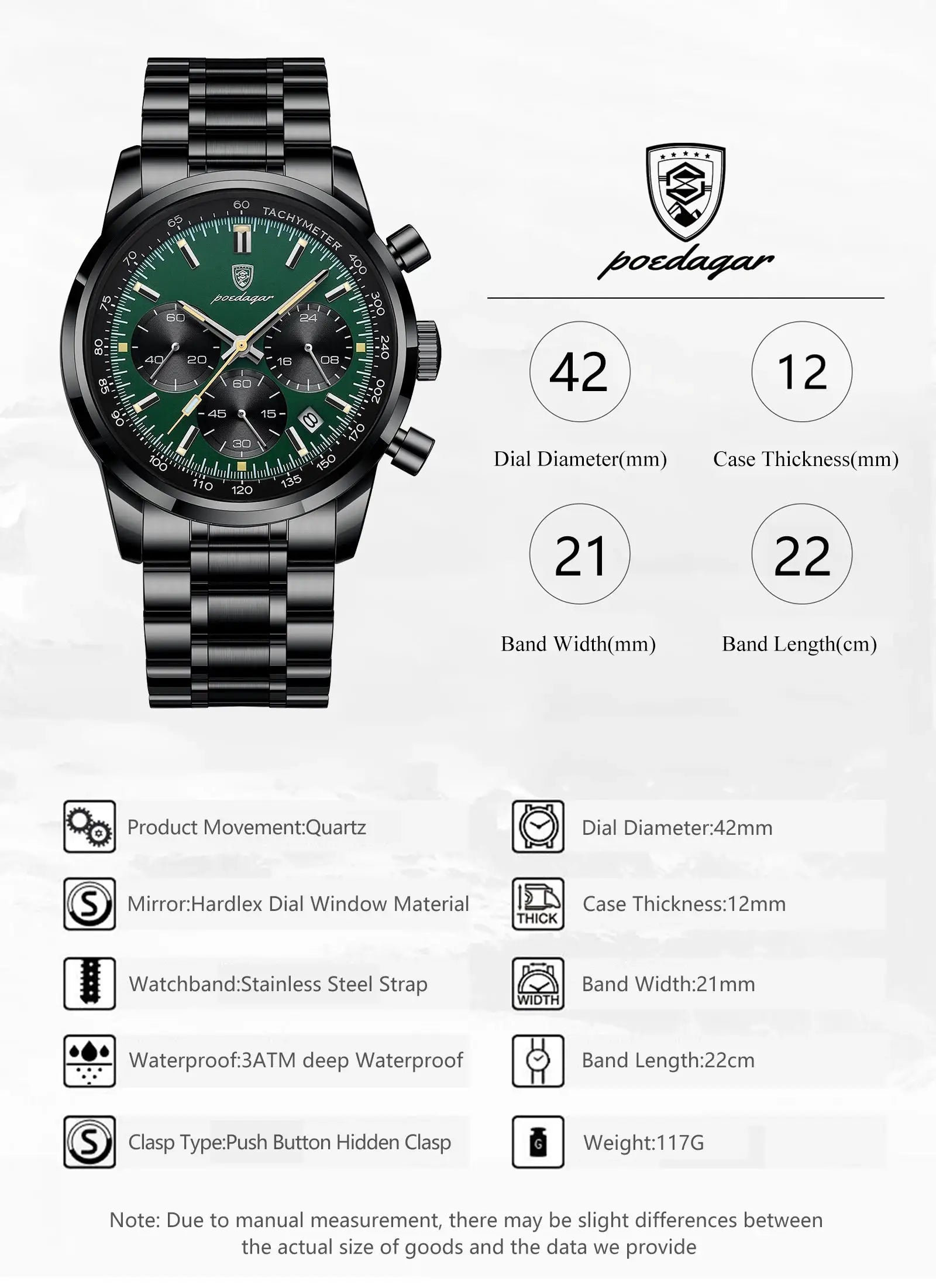 POEDAGAR luxury men's chronograph watch with green dial, stainless steel bracelet and tachymeter bezel.