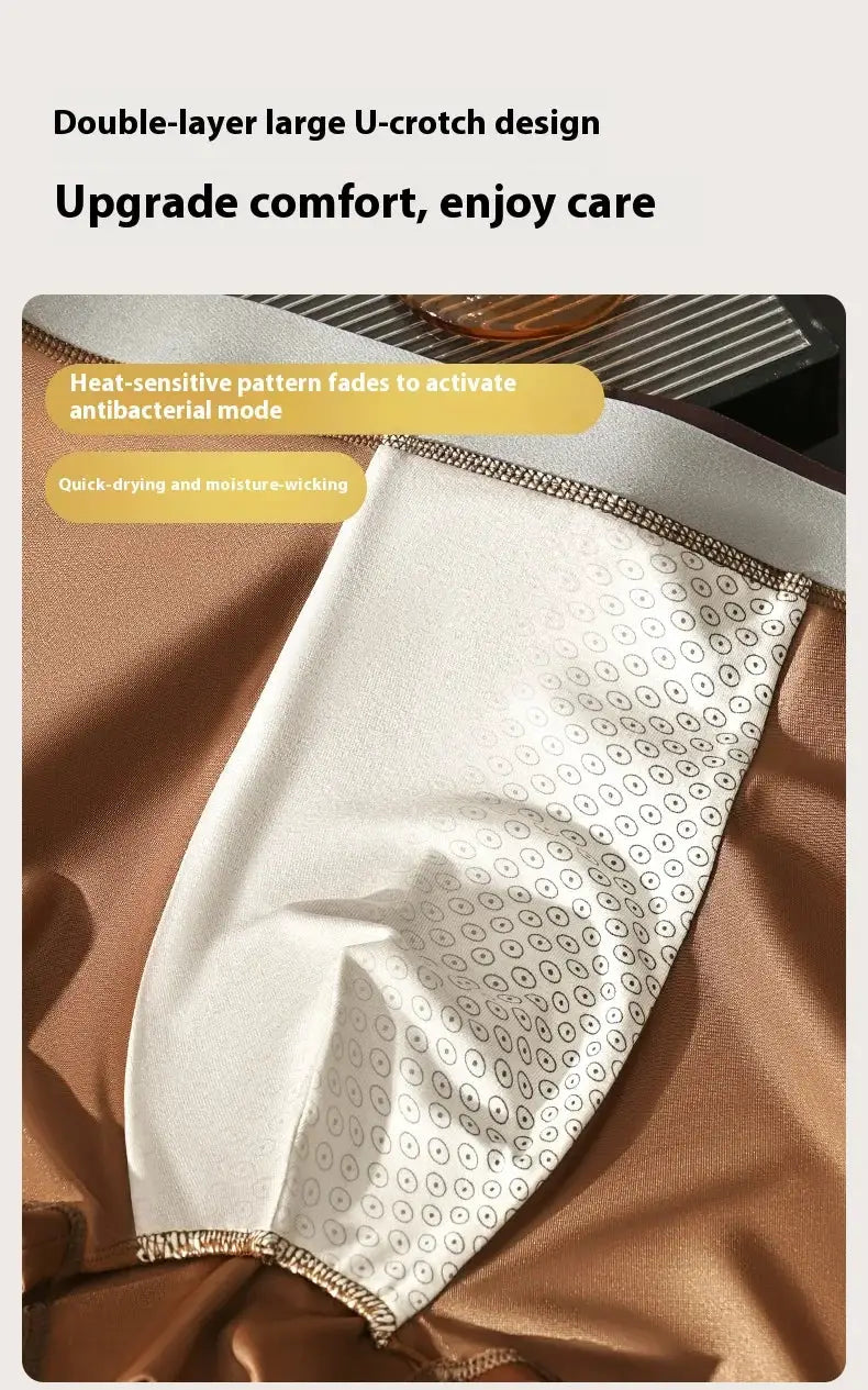 Men's ice silk boxer shorts plus-size by Simples Market; brown fabric with white panel and dotted circle pattern