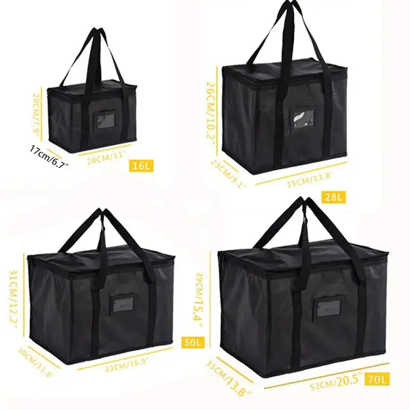 Simples Market insulated food delivery bags set (4) in black, 16L/28L/50L/70L sizes for takeout and camping.